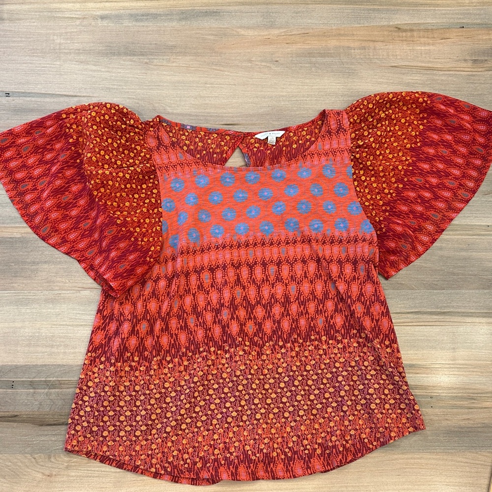 Lucky Brand (Runs Small) Red and Blue Patterned Blouse